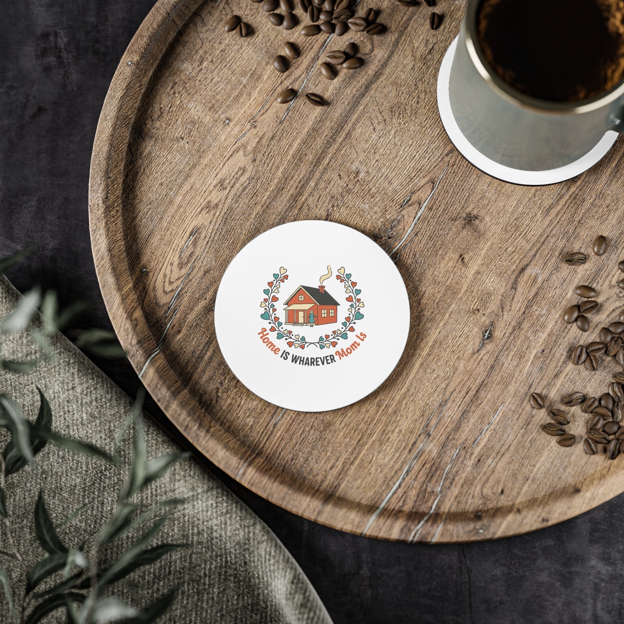 Coaster — "Home Is Wherever Mom Is" Floral Cottage Cork Coaster