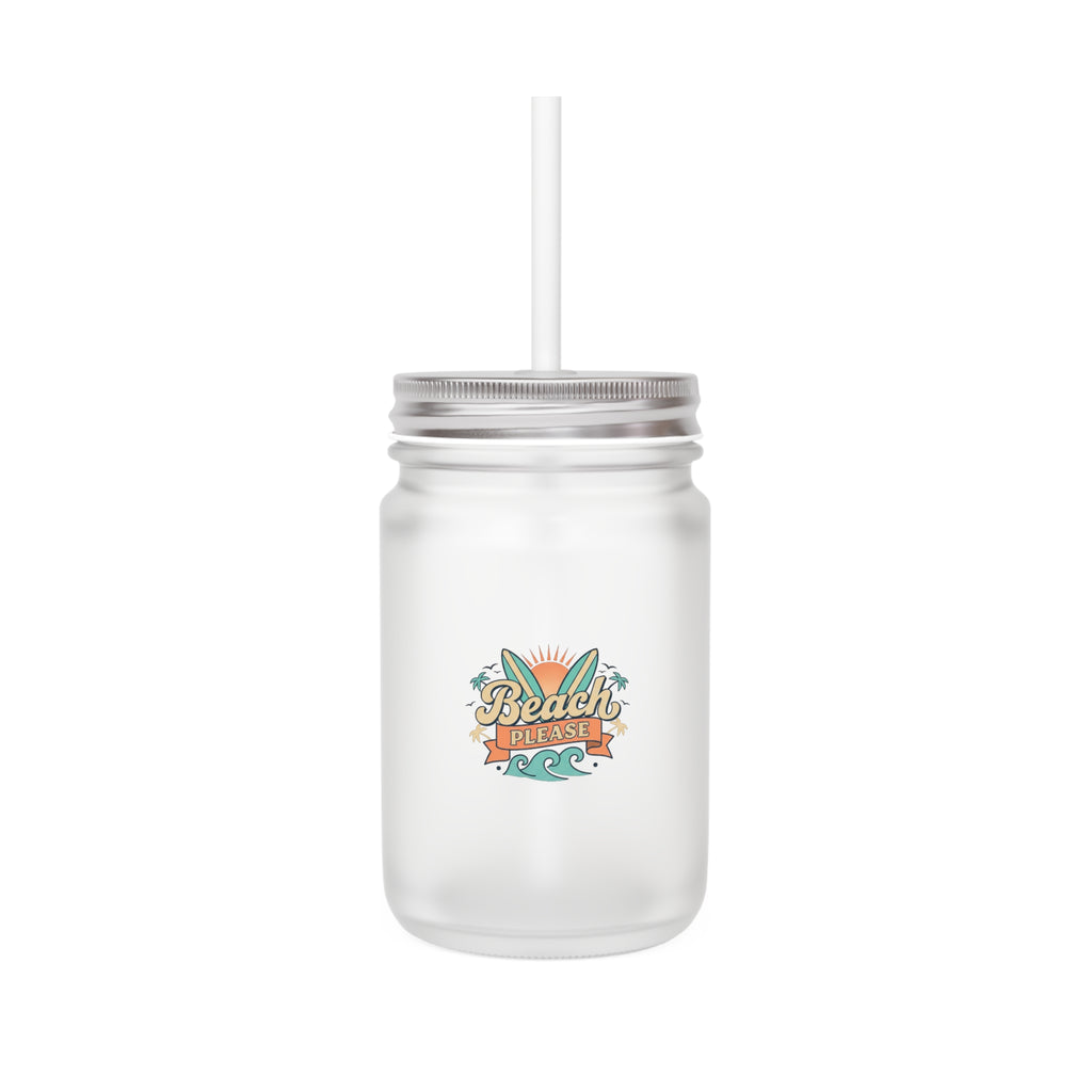 Mason Jar Tumbler - "Beach Please" Retro Surf Mason Jar with Straw, Summer Drink Cup for Pool, Picnic & Beach Gifts